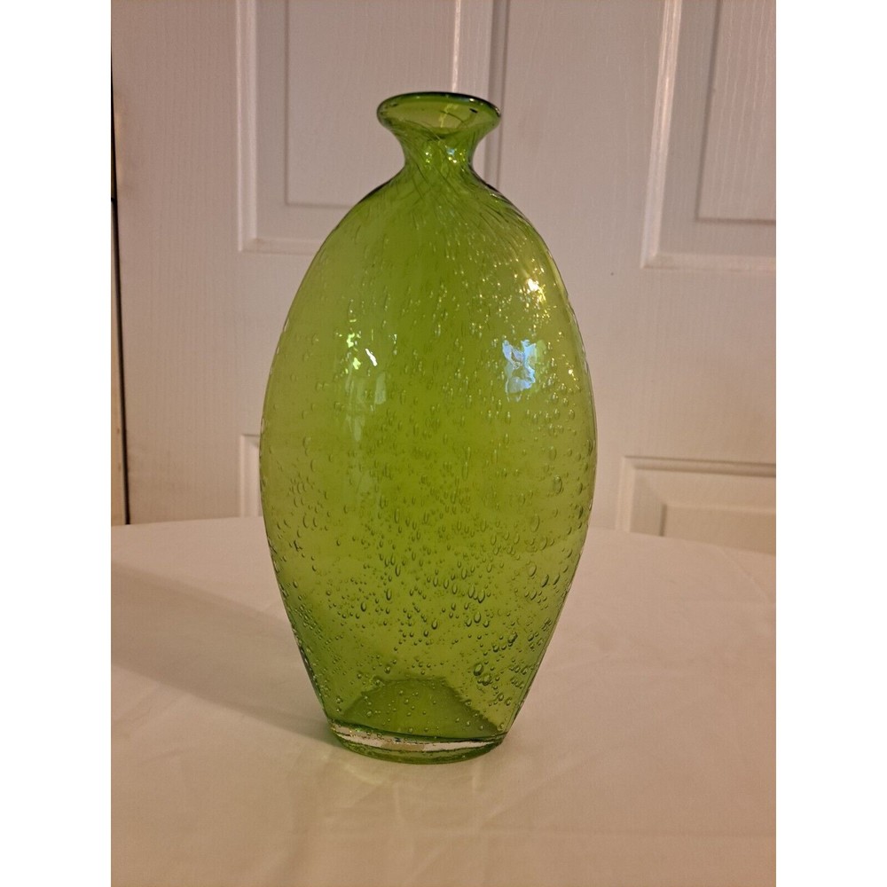Amici Green Ar Glass Vase 9 1/2" Tall Oval Bubble Art Italian Glass